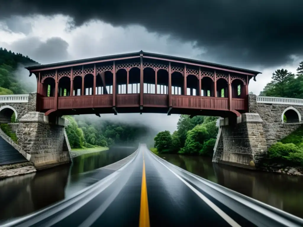 Un puente gótico envuelto en niebla y misterio, evocando la atmósfera de puentes peligrosos en novelas de misterio