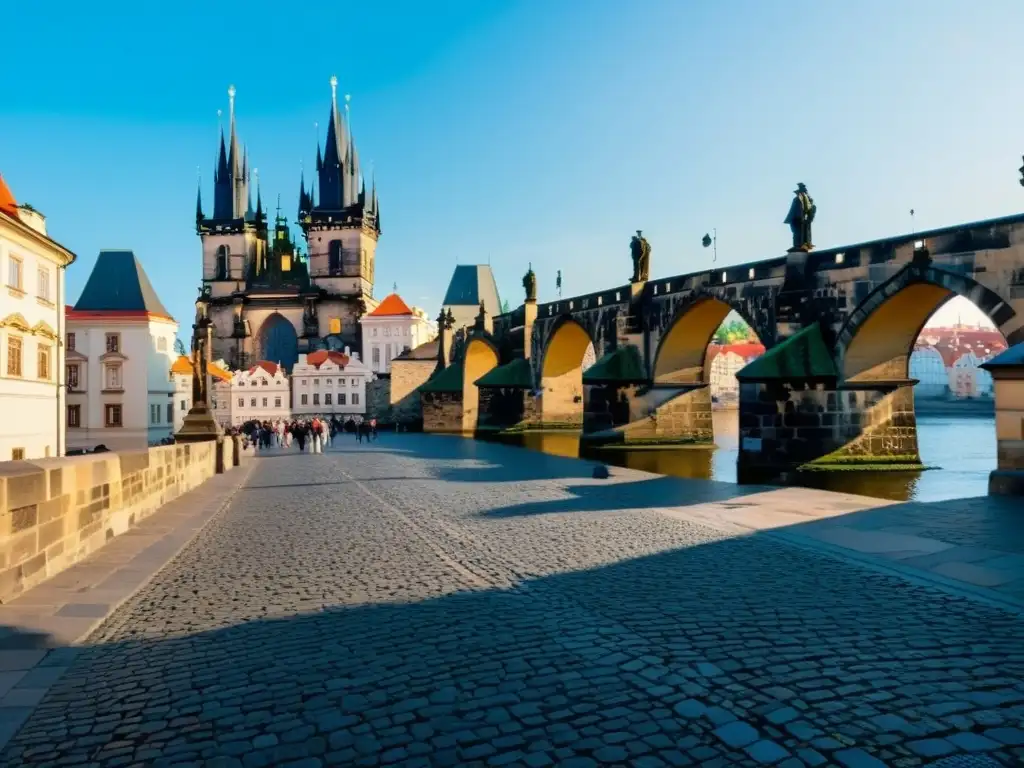 Puente gótico de Charles en Praga: arcos de piedra, estatuas de santos, río Vltava, sol matutino, turistas