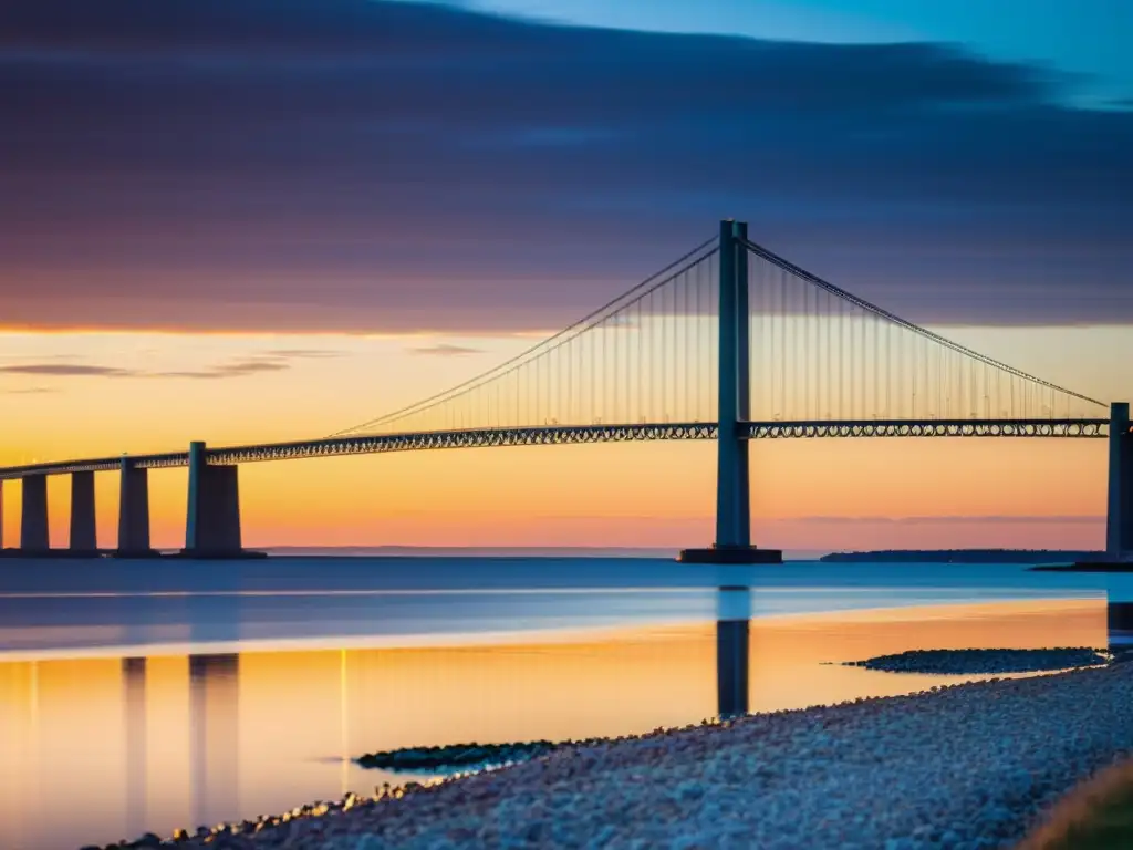 El Puente de Öresund, símbolo de historia y arquitectura, se destaca en un atardecer vibrante, mostrando su elegante diseño moderno