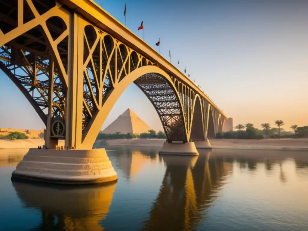 El Puente Qasr alNil en Egipto, uniendo la historia con diseño moderno, bañado por la cálida luz del atardecer sobre el río Nilo