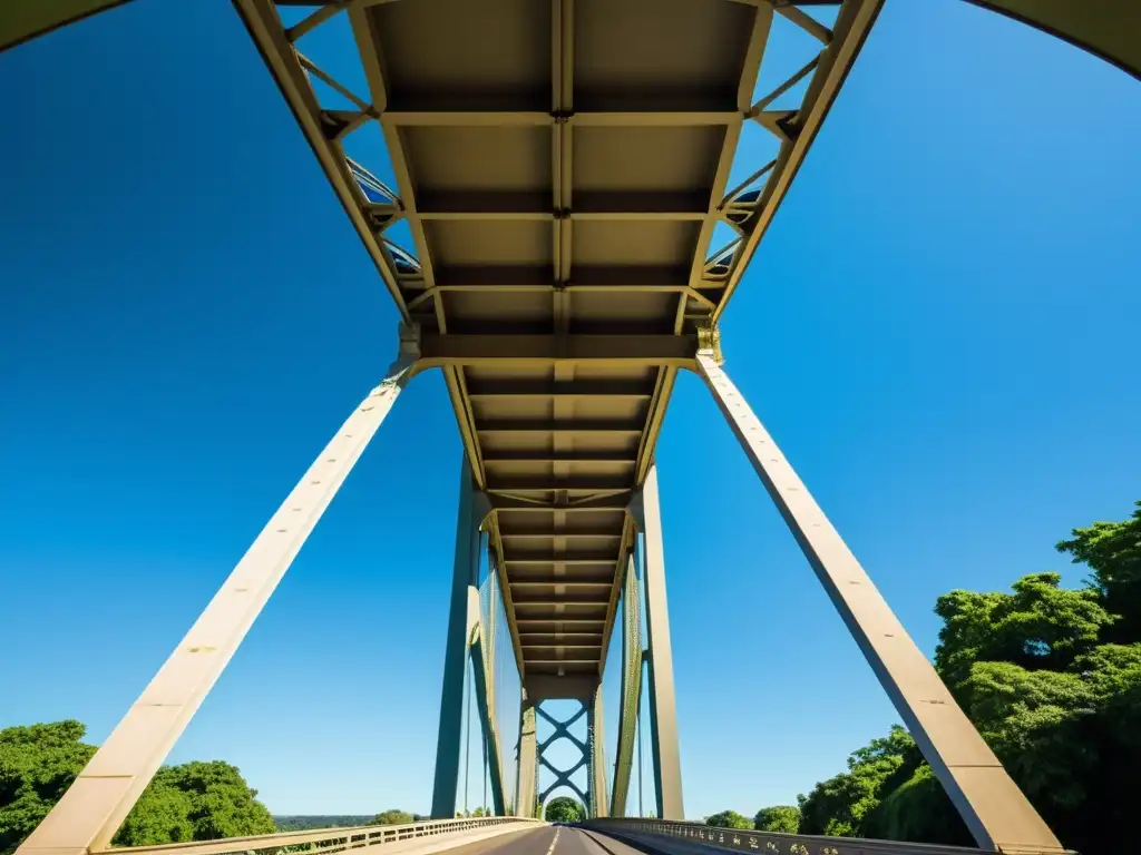 Fotografía de un puente histórico desde un ángulo único, con detalles arquitectónicos, rodeado de vegetación y cielo azul