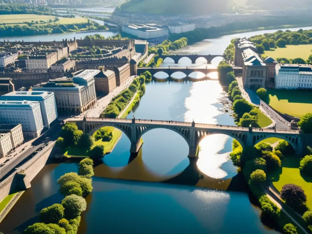 Un puente histórico con arcos de piedra y detalles metálicos, contrastando con la moderna ciudad