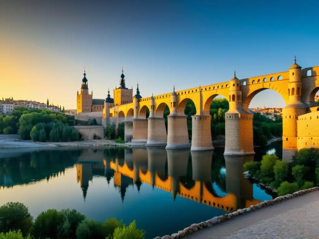 El Puente de Segovia, monumento histórico y arquitectónico en Madrid, bañado por la cálida luz del atardecer, reflejando su elegante silueta en el río