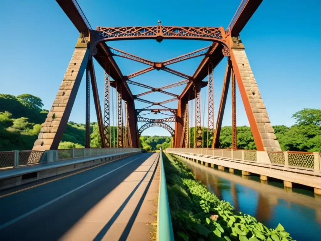 Un puente histórico de arquitectura icónica y detalles elaborados, rodeado de exuberante vegetación y bañado por la cálida luz del atardecer