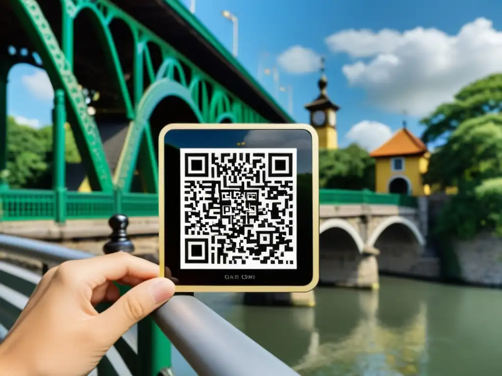 Un puente histórico con un código QR integrado, fusionando tradición e innovación