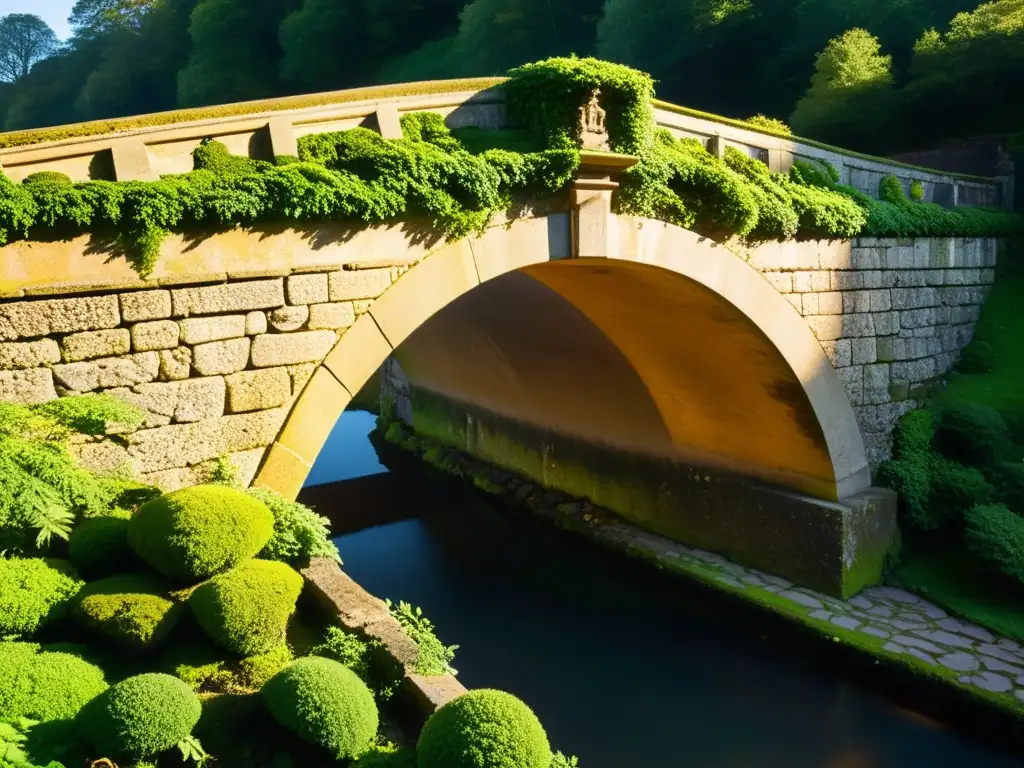 Un puente histórico cubierto de musgo y hiedra bajo la cálida luz dorada del atardecer, con conservacionistas inspeccionando los detalles