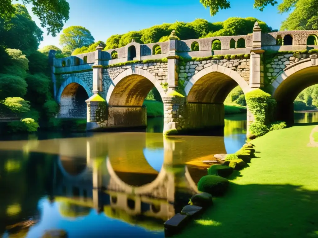 Un puente de piedra histórico con detalles y musgo, sobre un río tranquilo