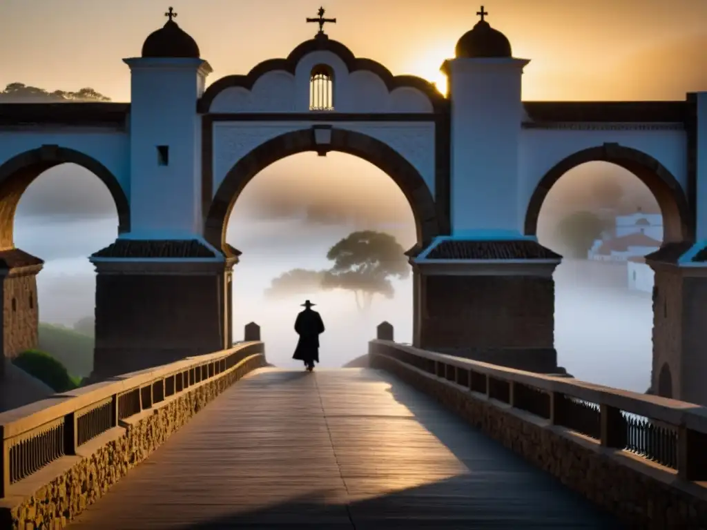 Un puente histórico envuelto en niebla mística, con una figura fantasmal caminando