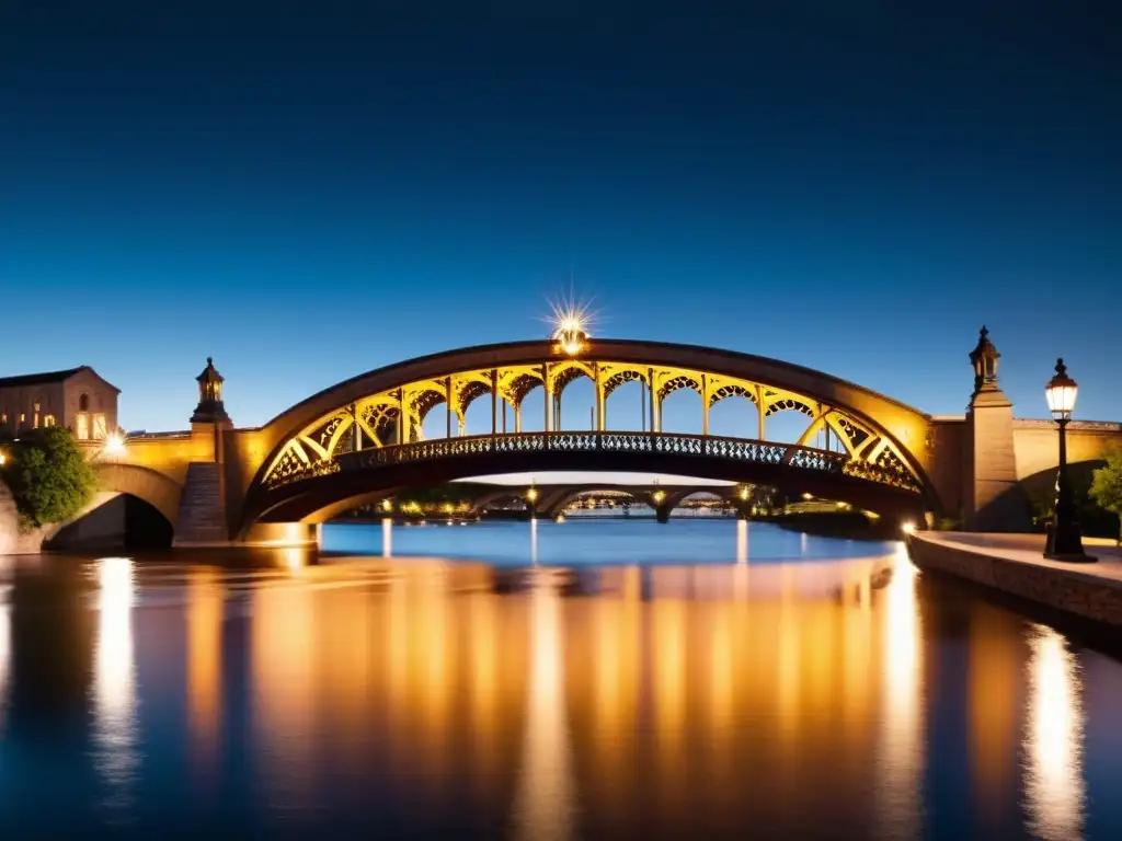 Un puente histórico iluminado por reflectores para resaltar arquitectura puentes, creando un efecto visual dramático en la noche