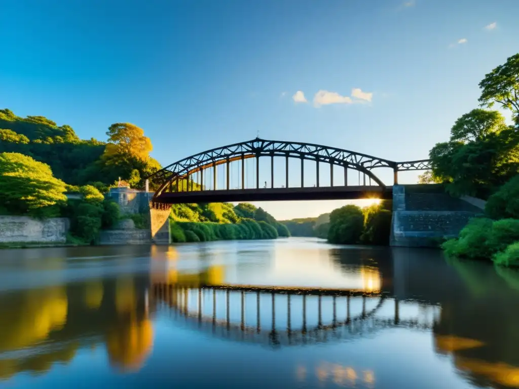 Un puente histórico e imponente sobre un río, bañado por la cálida luz del sol