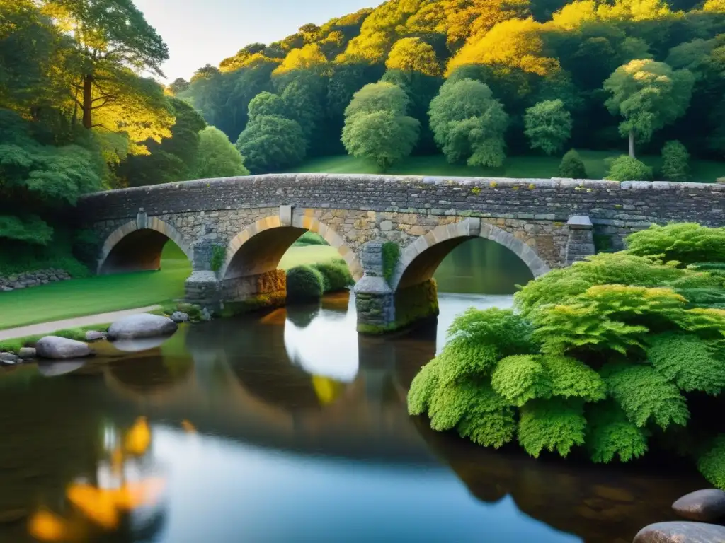 Un puente histórico de piedra, bañado por la suave luz dorada del atardecer, refleja su esplendor en el río