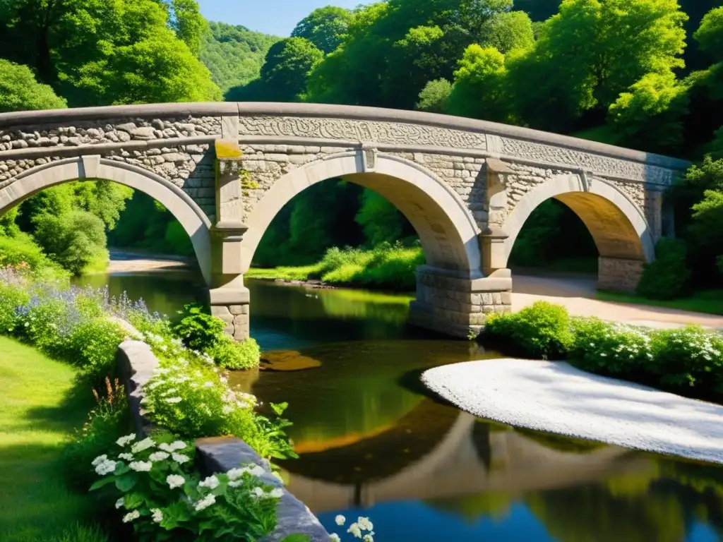 Un puente histórico de piedra en blanco y negro sobre un río tranquilo, con detalles intrincados y sombras dramáticas