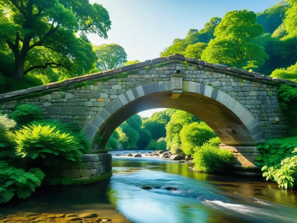 Puente histórico de piedra sobre río tranquilo, rodeado de vegetación, bañado por cálida luz