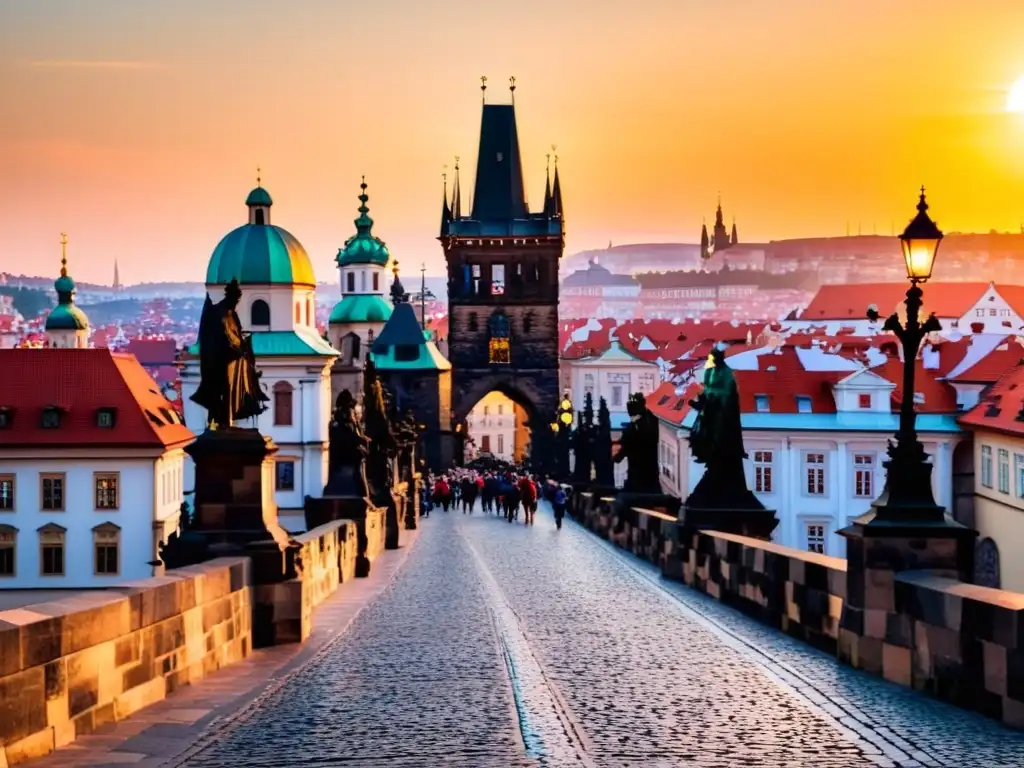 El Puente de Carlos en Praga, con su icónica arquitectura gótica y estatuas, bañado por el cálido atardecer