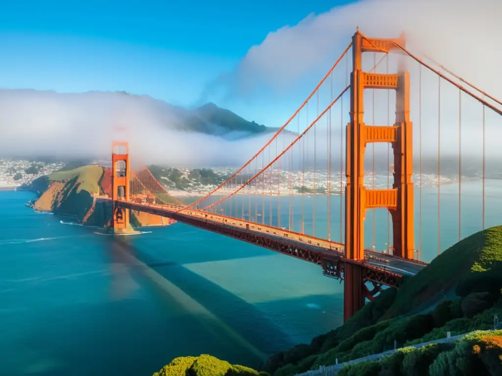 Puente icónico adaptado a cambios de temperatura: el puente Golden Gate en San Francisco, envuelto en una suave bruma con el sol asomando entre las nubes, contrastando su distintivo color rojo anaranjado con el azul del agua de la bahía