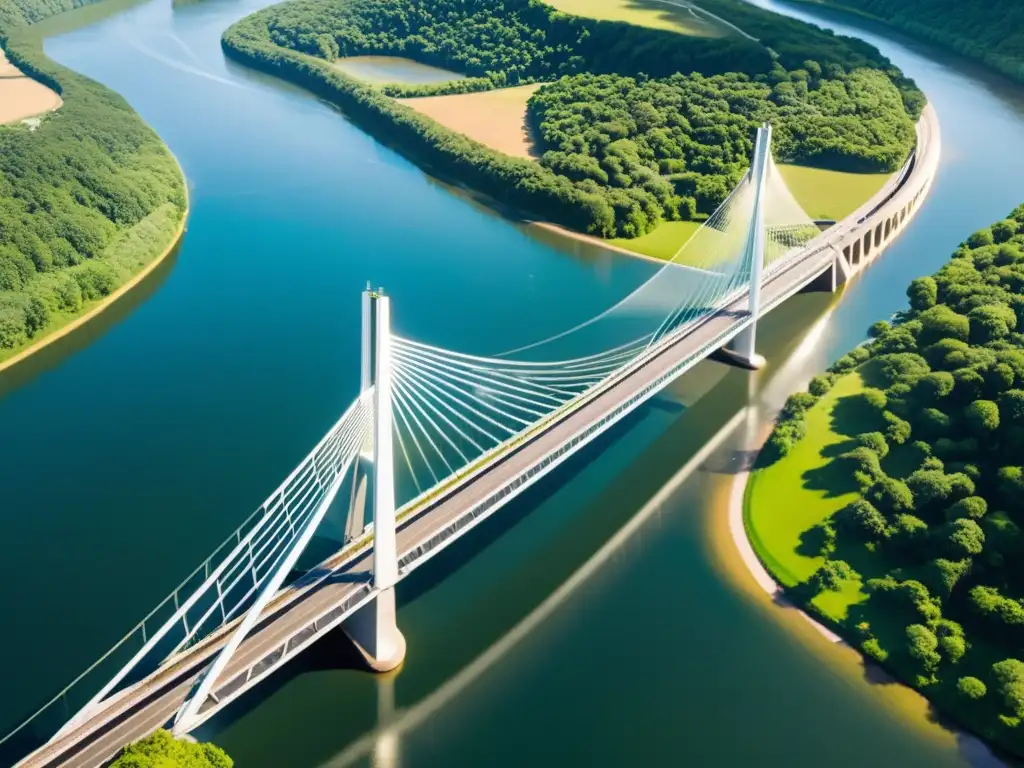 Un puente icónico, fusionando arquitectura futurista y naturaleza, reflejando luz sobre el agua