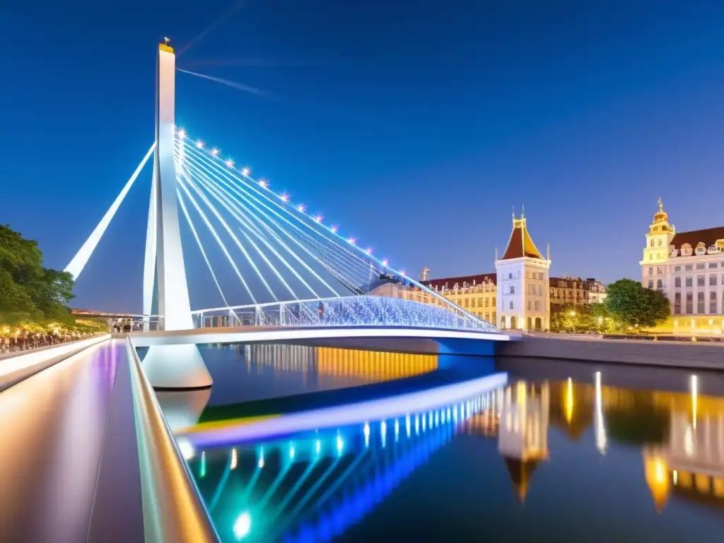 Puente icónico integrando arte, diseño moderno y luces coloridas sobre el río, con la ciudad de fondo