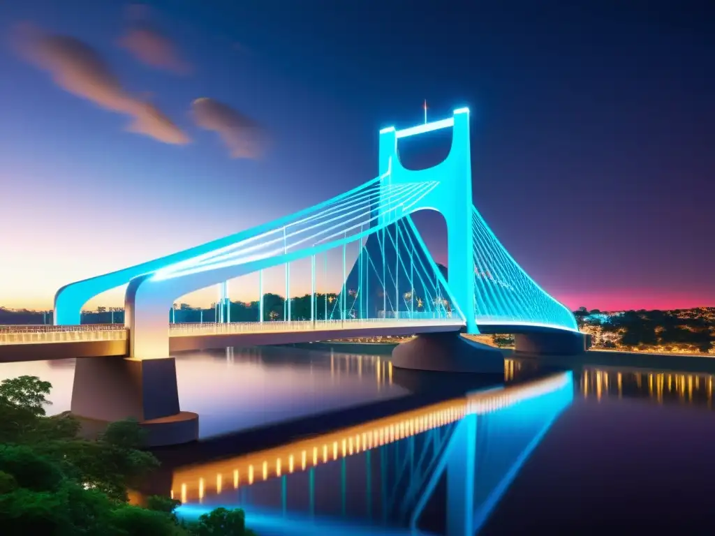 Un puente icónico se ilumina con arte interactivo, fusionando modernidad con naturaleza
