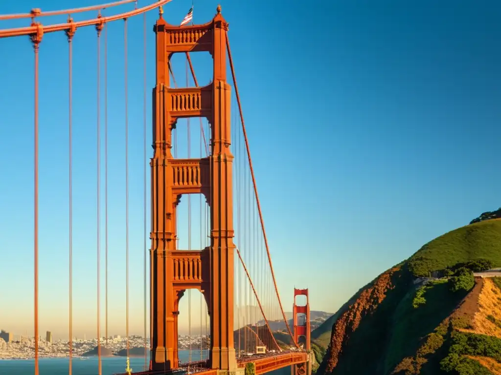 Puente icónico Golden Gate al atardecer, reflejando en el agua, con el skyline de San Francisco de fondo