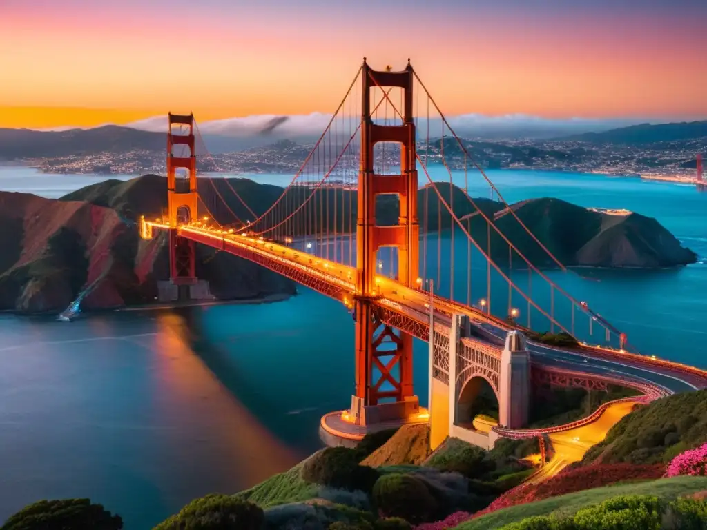 Puente icónico Golden Gate al atardecer, resaltando su arquitectura y belleza natural en tonos naranja y rosa del cielo