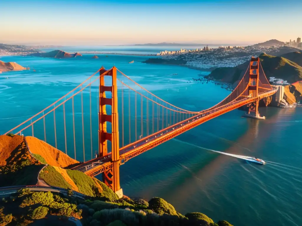 El puente icónico Golden Gate al atardecer, bañado en luz cálida, conectando historia, arquitectura y serenidad