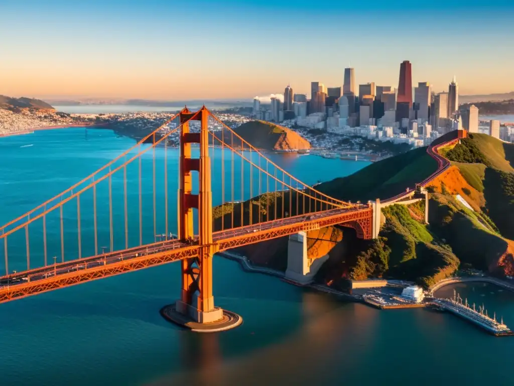 Puente icónico de San Francisco al atardecer, bañado por la luz dorada del sol, destacándose sobre la bahía y el horizonte urbano