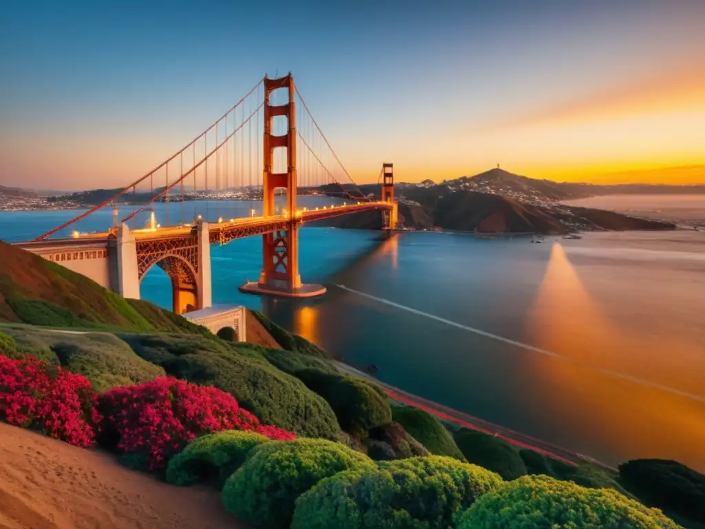 Puente icónico Golden Gate al atardecer, reflejando cálidos tonos en el agua