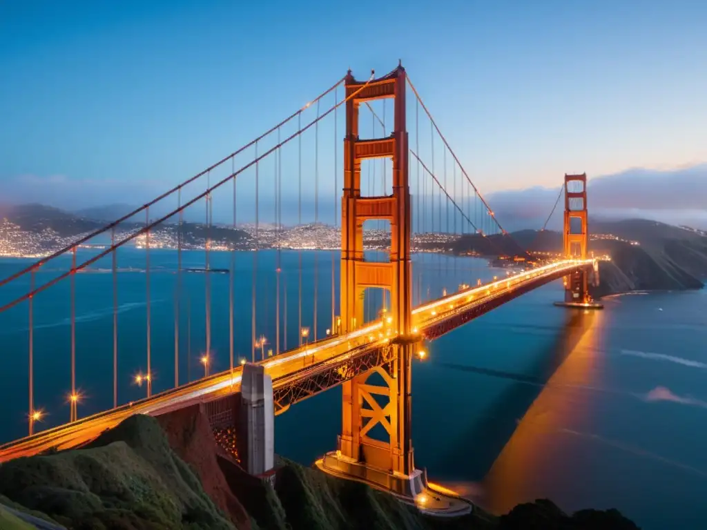 Puente icónico de San Francisco al atardecer, con la ciudad brillando al fondo y una atmósfera misteriosa