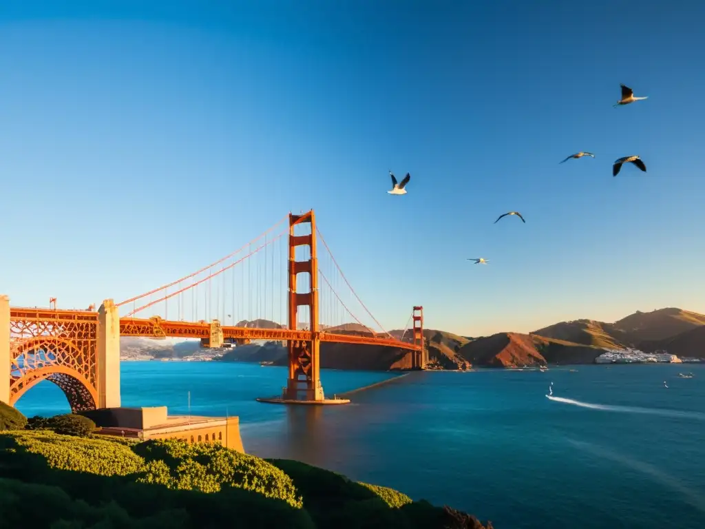 Puente icónico de San Francisco al atardecer, con detalles arquitectónicos y gaviotas, evocando belleza y asombro