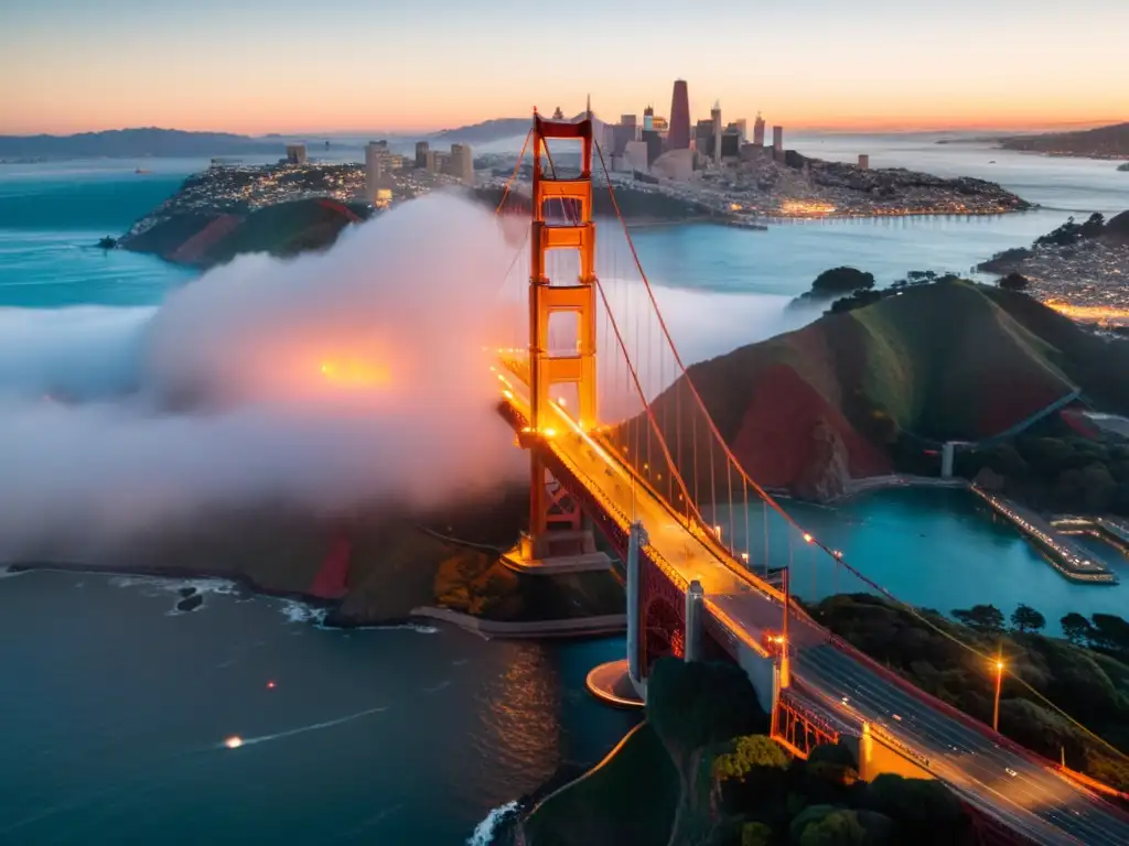 Puente icónico Golden Gate bañado por la cálida luz del atardecer, envuelto en neblina