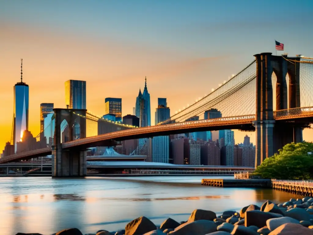 El puente icónico de Brooklyn bañado por la cálida luz del atardecer, con el horizonte de Manhattan al fondo