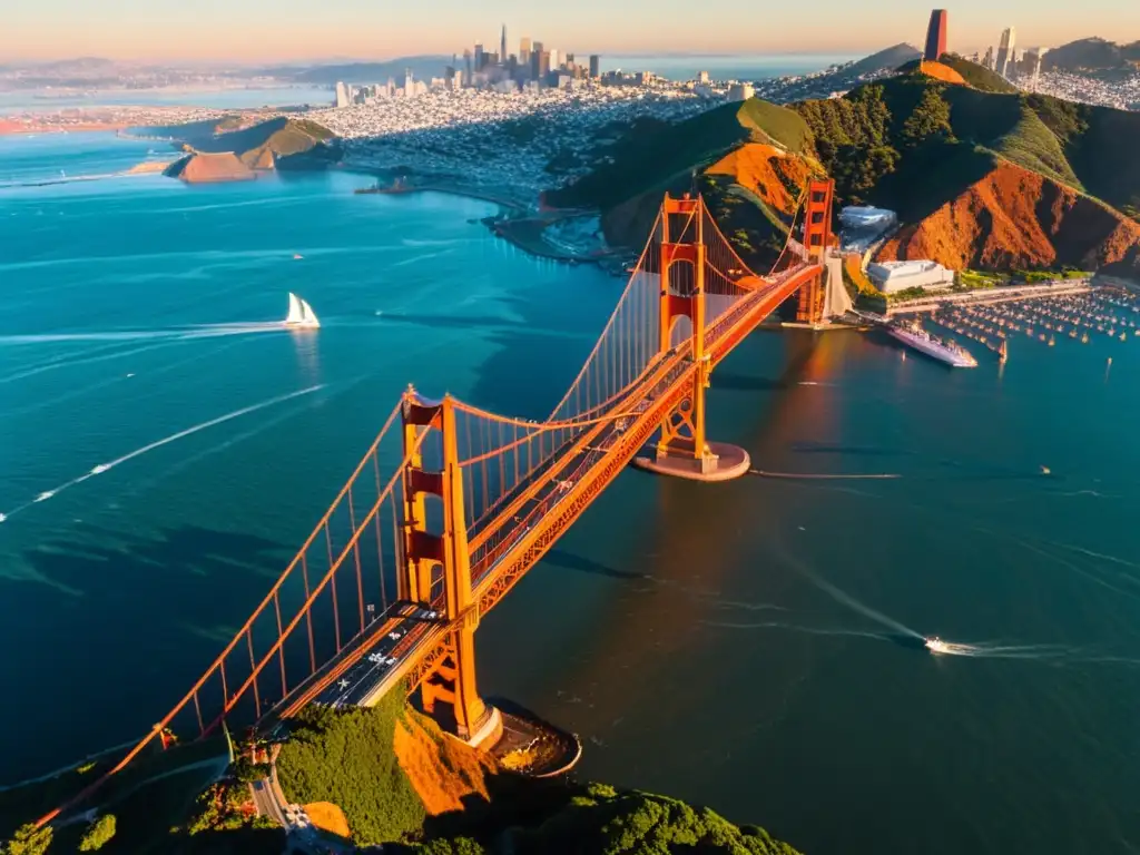 Puente icónico en San Francisco, bañado por la cálida luz del atardecer