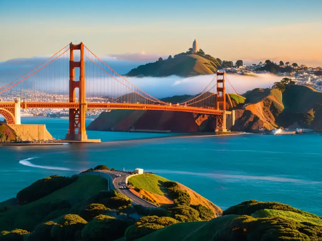 Puente icónico Golden Gate de San Francisco bañado por la cálida luz del atardecer, con el horizonte urbano detrás