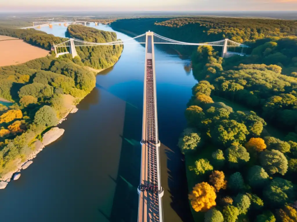 Un puente icónico se funde con el cálido atardecer, mientras estudiantes disfrutan de una enseñanza de ingeniería en puentes icónicos