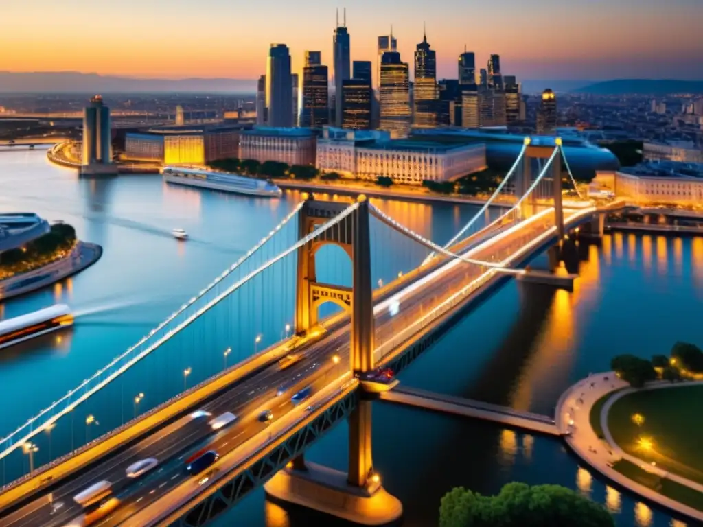 Un puente icónico capturado desde un ángulo único, mostrando su diseño arquitectónico detallado