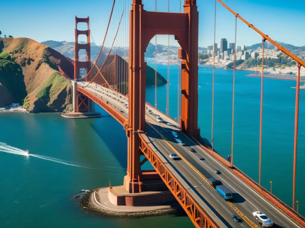 Un puente icónico, el Golden Gate Bridge, destaca contra el cielo azul, con la bulliciosa escena culinaria de San Francisco de fondo