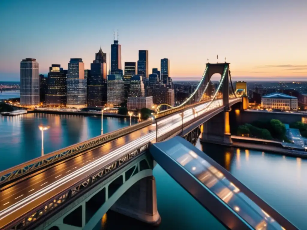 Un puente icónico en una ciudad bulliciosa al anochecer, con luces reflejadas en el agua