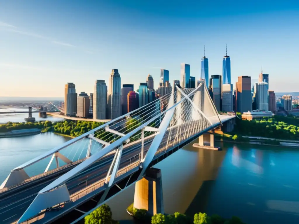 Puente icónico en la ciudad, con diseño moderno y cables de acero brillantes, contrasta con el skyline