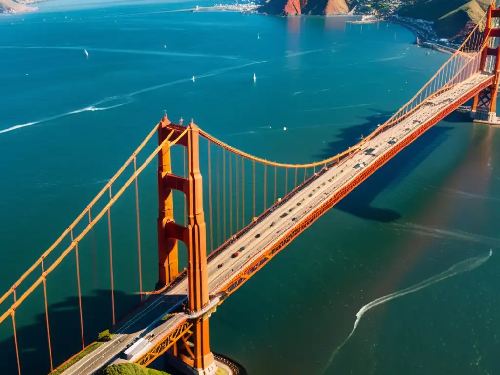 Puente icónico Golden Gate en San Francisco, con detalles arquitectónicos y reflejos de luz en el agua, impacto en el turismo sostenible