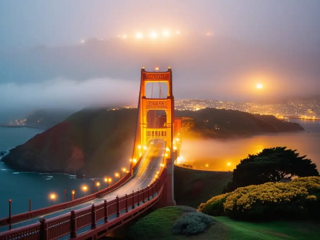 Un puente icónico en un drama cinematográfico: la niebla envuelve el puente Golden Gate mientras una figura solitaria contempla el paisaje urbano