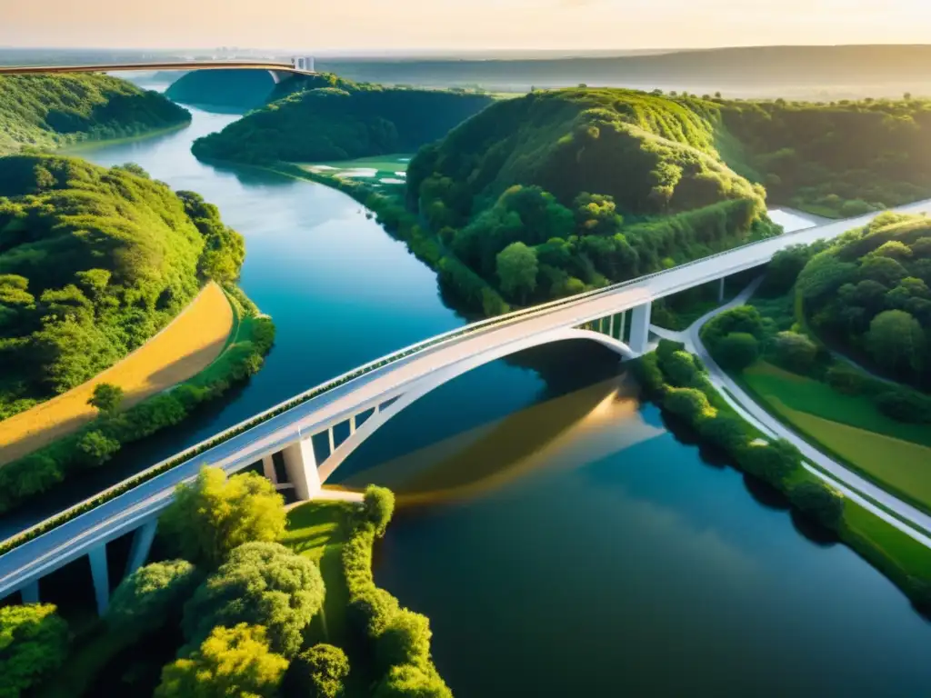 Un puente icónico integrándose armoniosamente en un entorno natural, con exuberante vegetación y un río