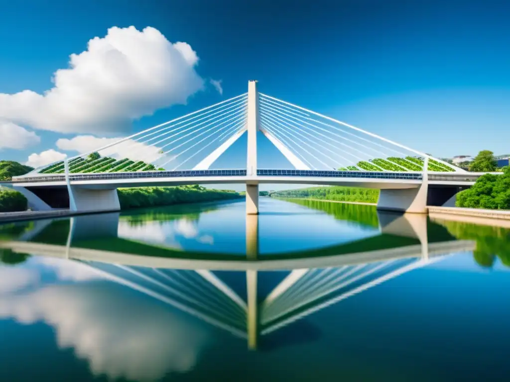 Un puente icónico con fotocatálisis, de diseño futurista y paneles relucientes, se alza sobre un amplio río, rodeado de exuberante vegetación