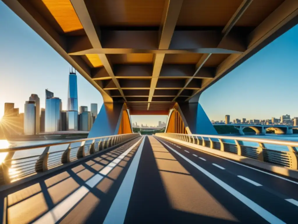 Un puente icónico con fotocatálisis capturando la luz del sol y purificando el aire en una ciudad moderna