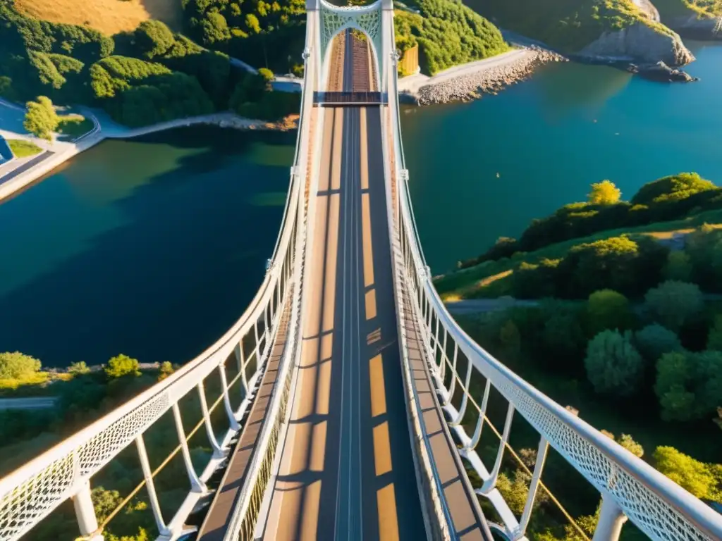 Un puente icónico iluminado por el cálido atardecer, con detalles arquitectónicos y personas caminando