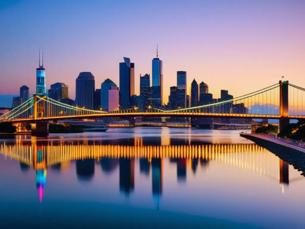 Un puente icónico iluminado con luces vibrantes al anochecer, reflejándose en el agua, con el bullicio de la ciudad de fondo