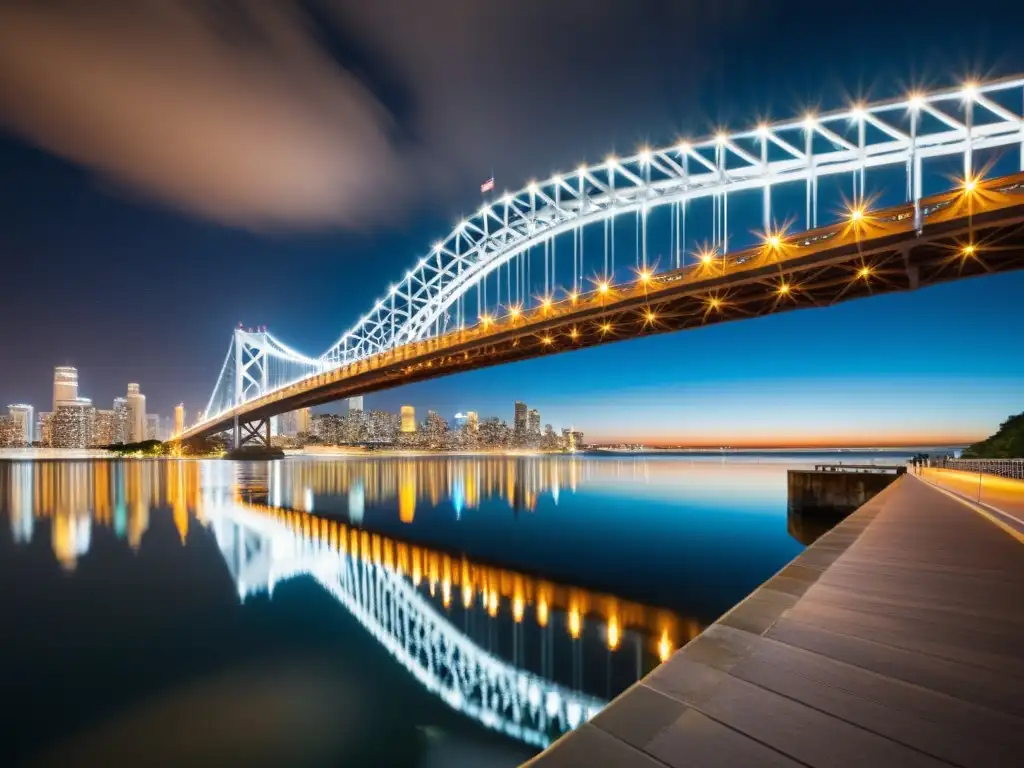 Un puente icónico iluminado en la noche, reflejándose en el agua, rodeado por la contaminación lumínica de la ciudad