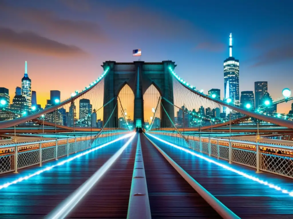 Puente icónico de Brooklyn iluminado artísticamente de noche, con luces coloridas resaltando su arquitectura