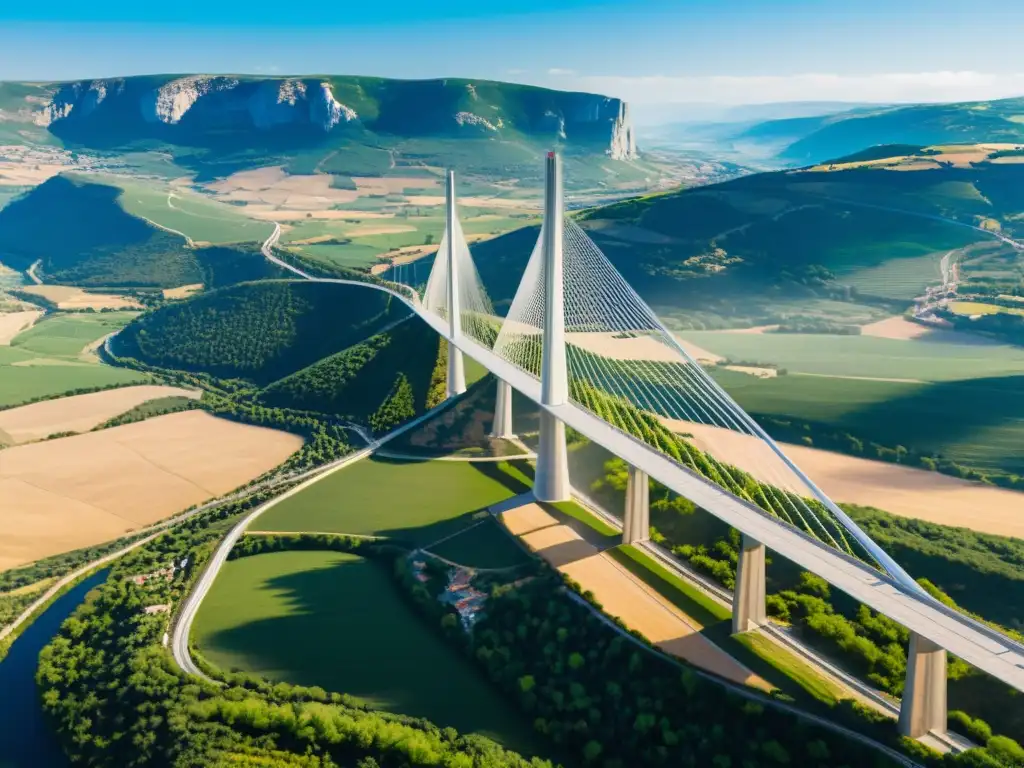 Un puente icónico inspirado en el legado de Leonardo da Vinci, integrado armoniosamente en un paisaje de valles verdes y montañas distantes en Francia