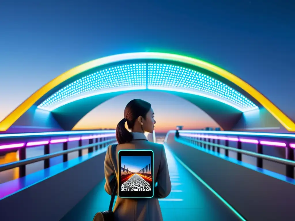 Puente icónico con códigos QR integrados en diseño futurista, iluminado por luces vibrantes en un atardecer tecnológico