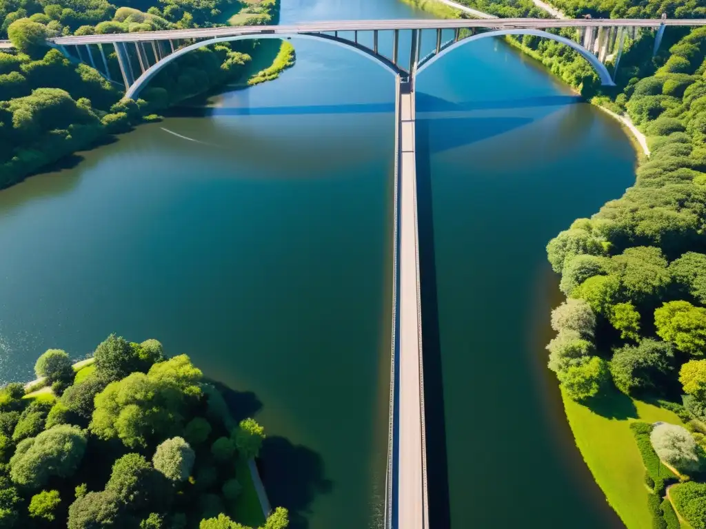 Un puente icónico se alza majestuoso sobre un río sereno, bañado por la luz del sol